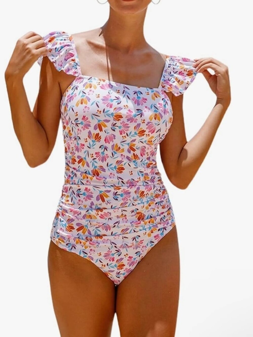 Amazon (Hilinker) Floral White & Pink Ruffle-Strap One-Piece Swimsuit Size Small